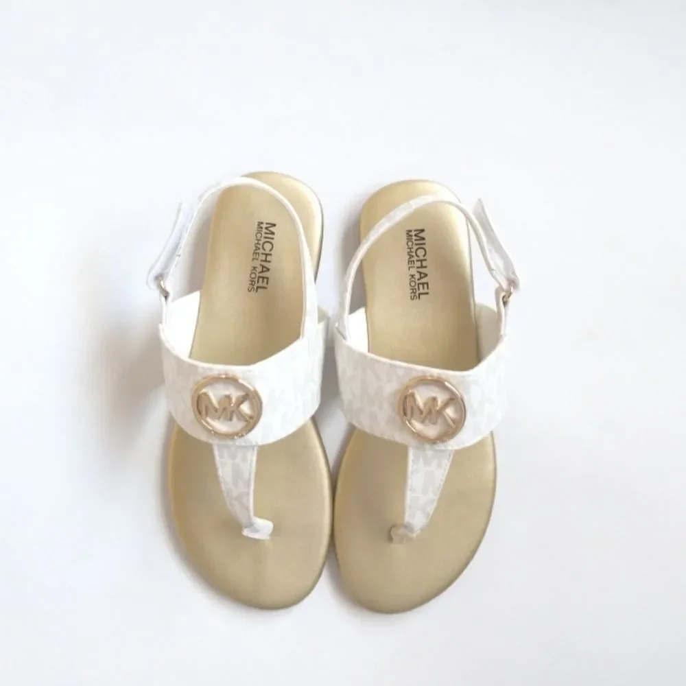 New! MICHAEL KORS Girls Marlie MK Logo T-Strap Sandals Shoe NWOB White Soft Gold